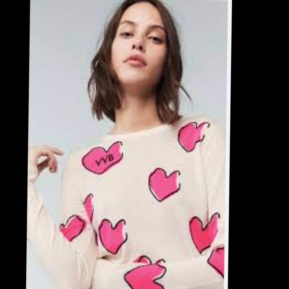 Victoria Beckham 100% Wool Pink Hearts Print Pullover Sweater Valentine's Day